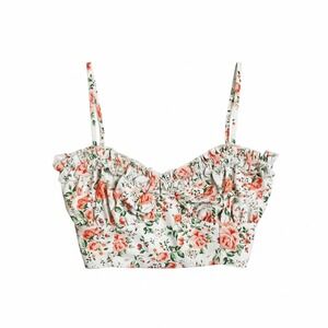 Valeur Floral Smocked Crop Top White Pink Rose Ruffle Sweetheart Medium